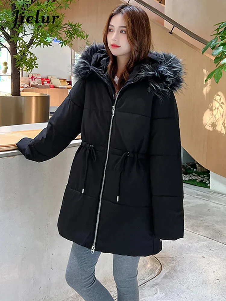 Metaversmall Thicken Slim-waist Cotton Jacket for Women Korean Winter Warm Mid Length Woman Parkas Fur Hooded White Coat Female M-XXL