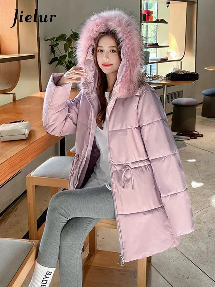 Metaversmall Thicken Slim-waist Cotton Jacket for Women Korean Winter Warm Mid Length Woman Parkas Fur Hooded White Coat Female M-XXL