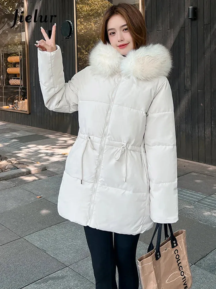 Metaversmall Thicken Slim-waist Cotton Jacket for Women Korean Winter Warm Mid Length Woman Parkas Fur Hooded White Coat Female M-XXL