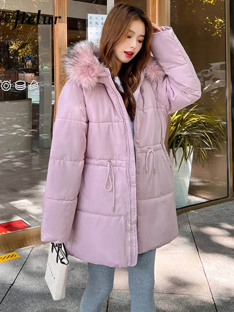 Metaversmall Thicken Slim-waist Cotton Jacket for Women Korean Winter Warm Mid Length Woman Parkas Fur Hooded White Coat Female M-XXL