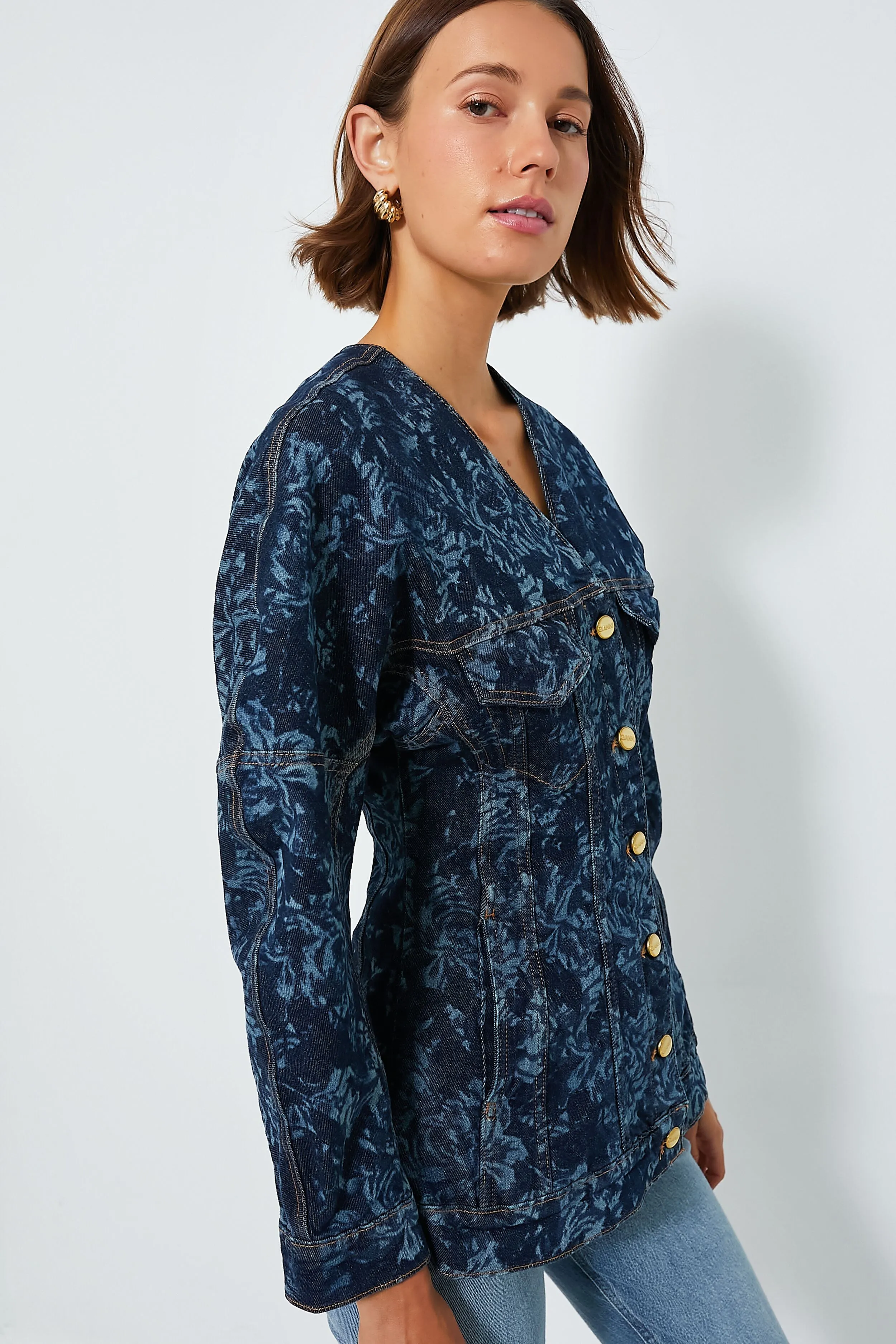 Mid Blue Stone Lazer Denim Shaped Sleeve Blazer