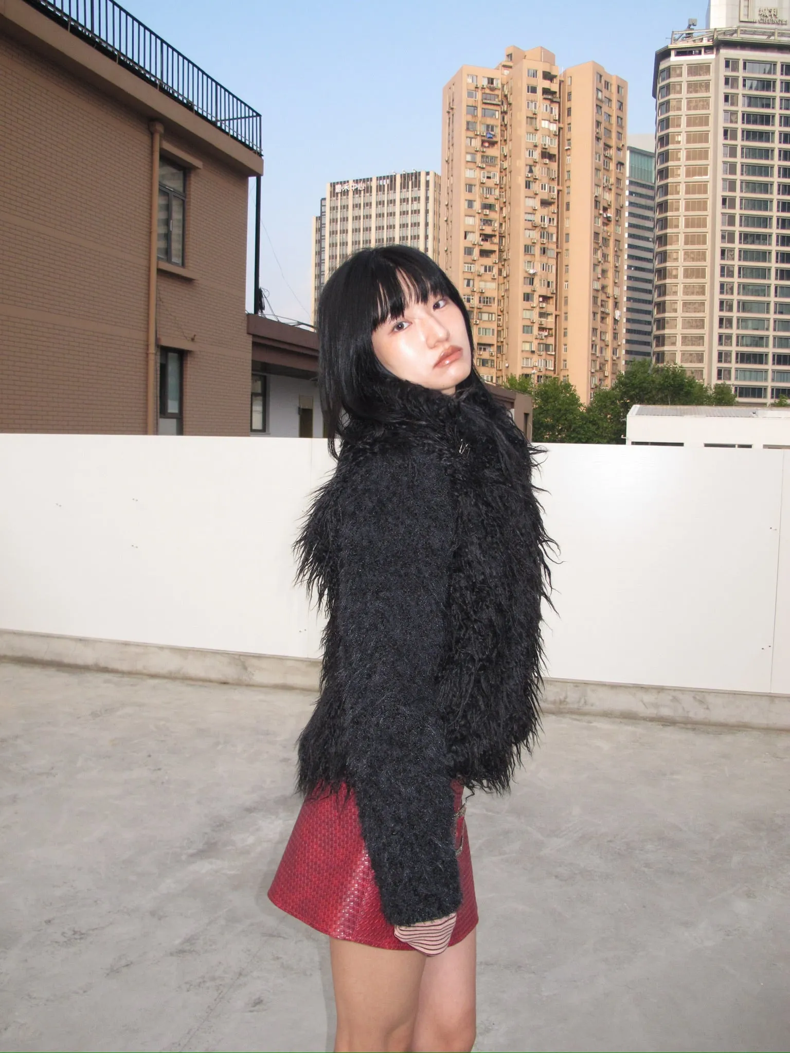 Original black warm faux fur coat with thick knit sleeves