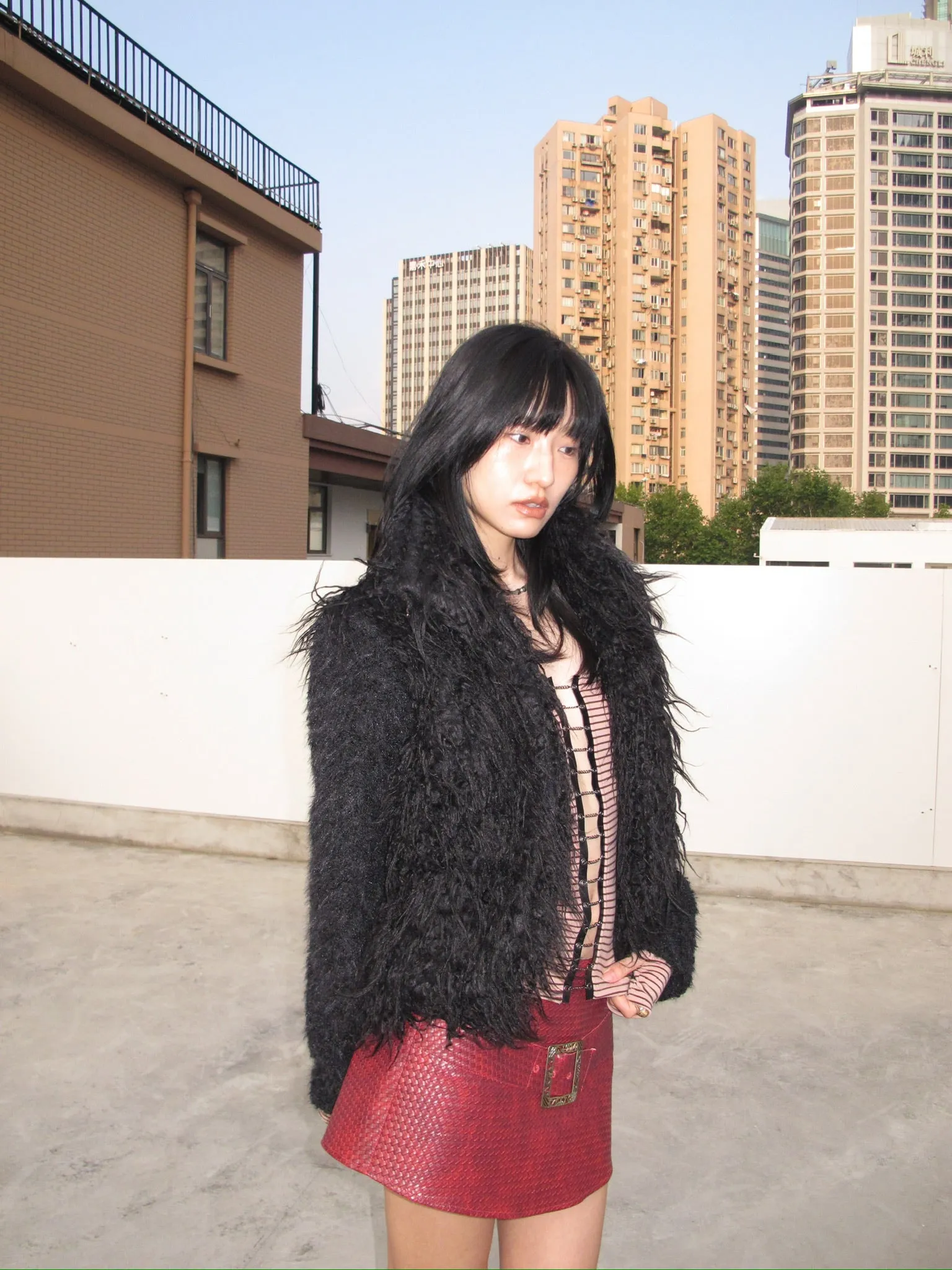 Original black warm faux fur coat with thick knit sleeves