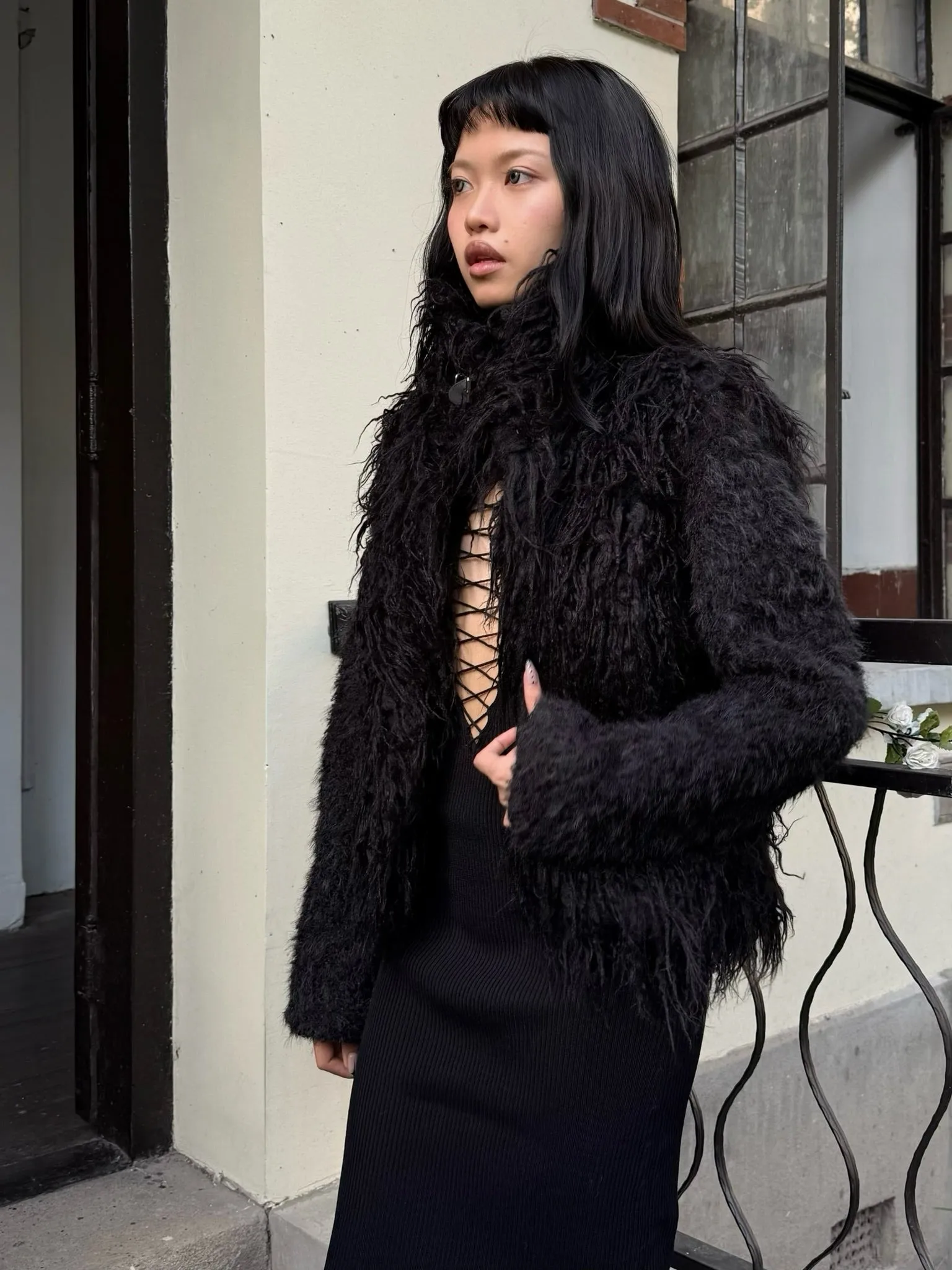 Original black warm faux fur coat with thick knit sleeves