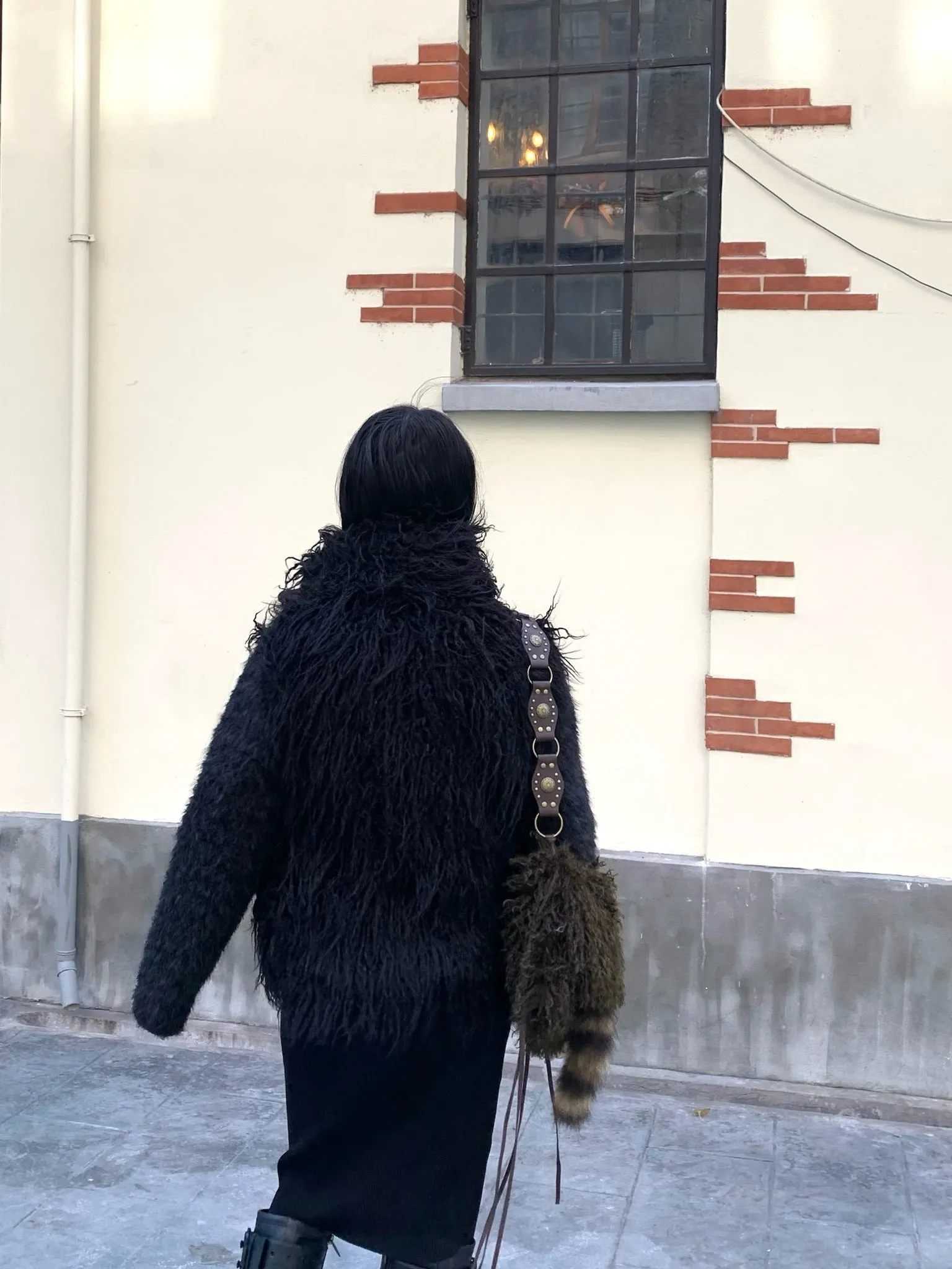 Original black warm faux fur coat with thick knit sleeves