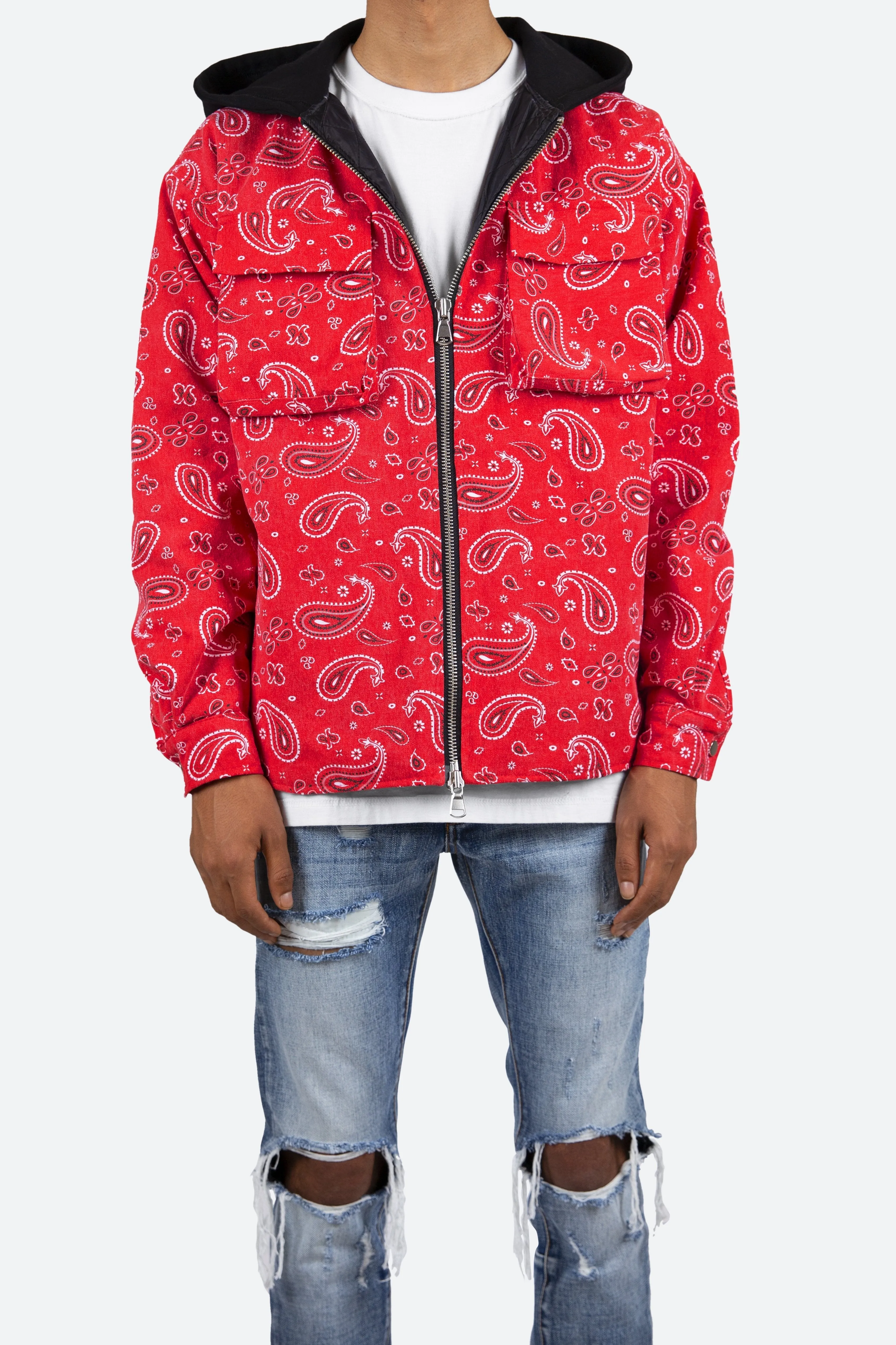 Paisley Hooded Zip Up Jacket - Red