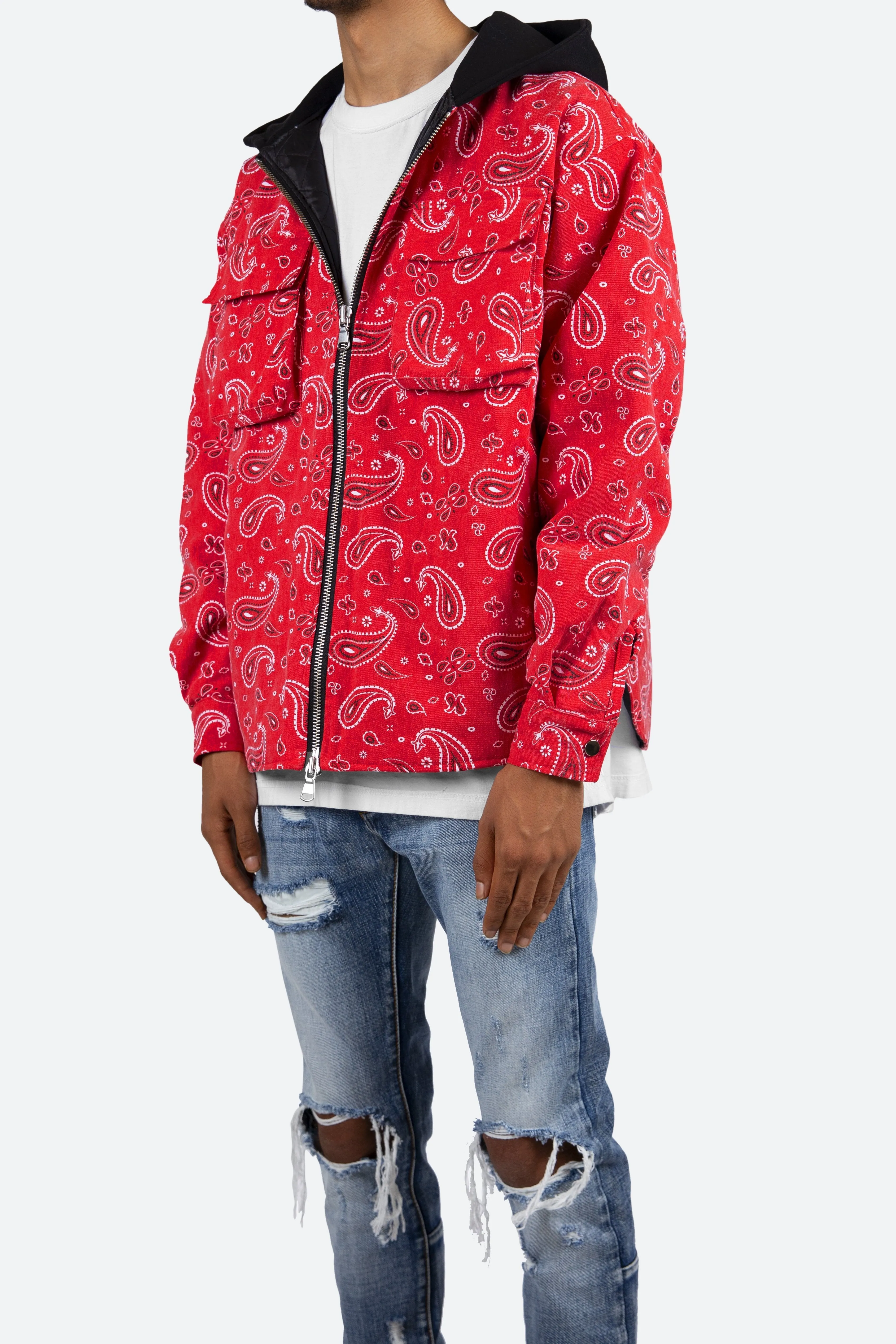 Paisley Hooded Zip Up Jacket - Red