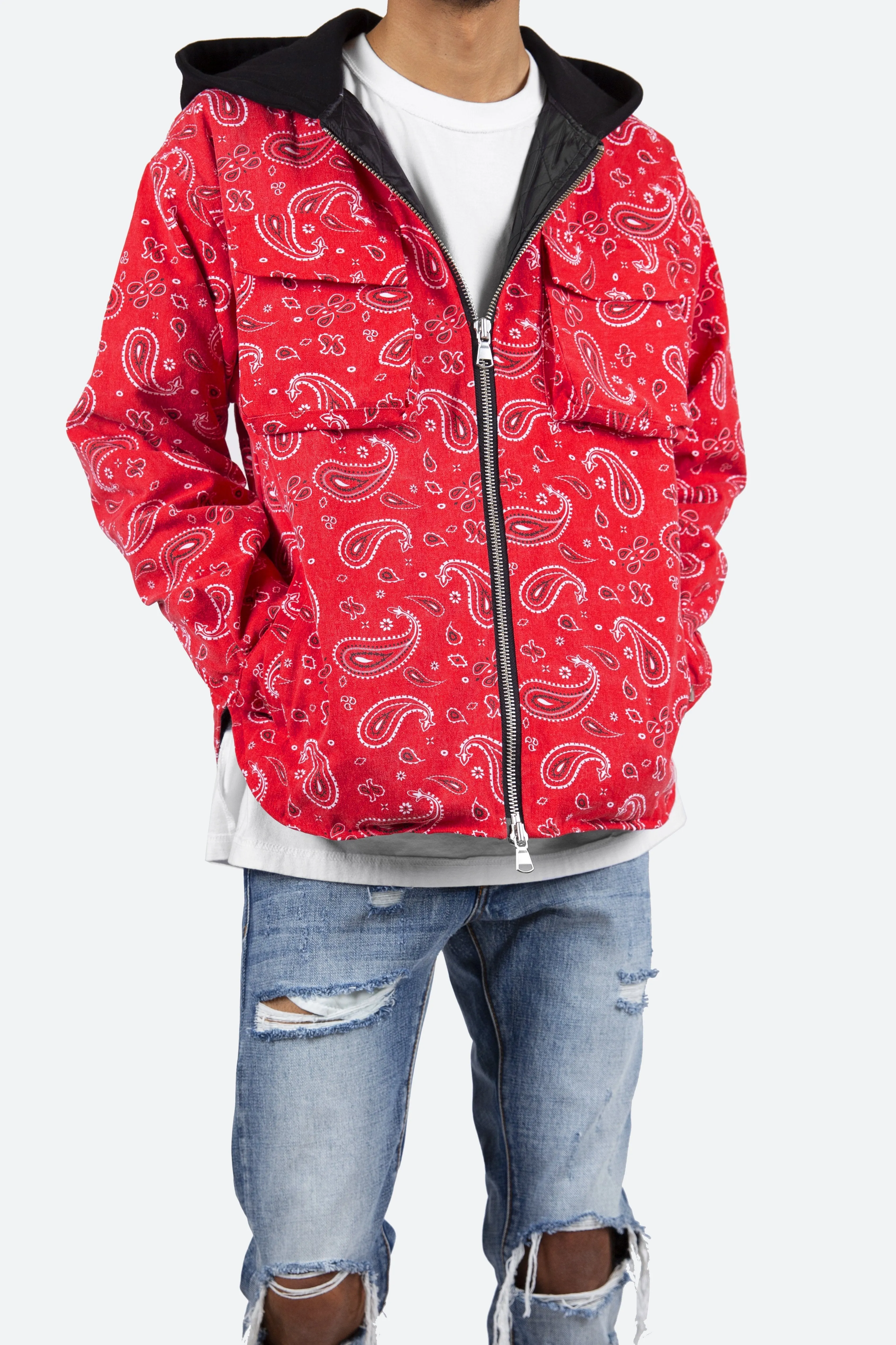 Paisley Hooded Zip Up Jacket - Red