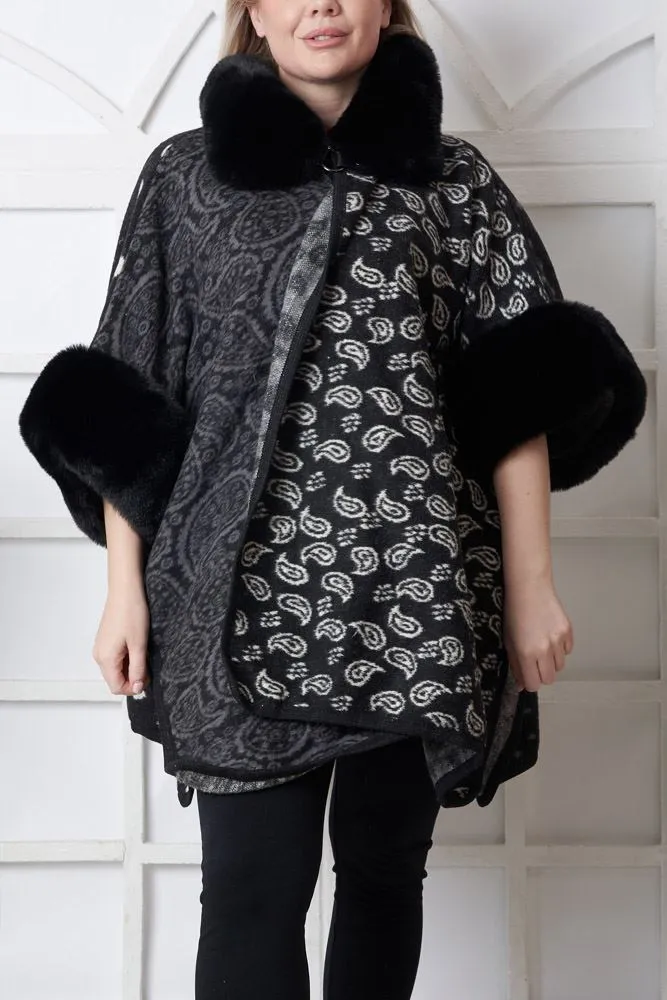 Paisley Print Trim Faux Fur Poncho