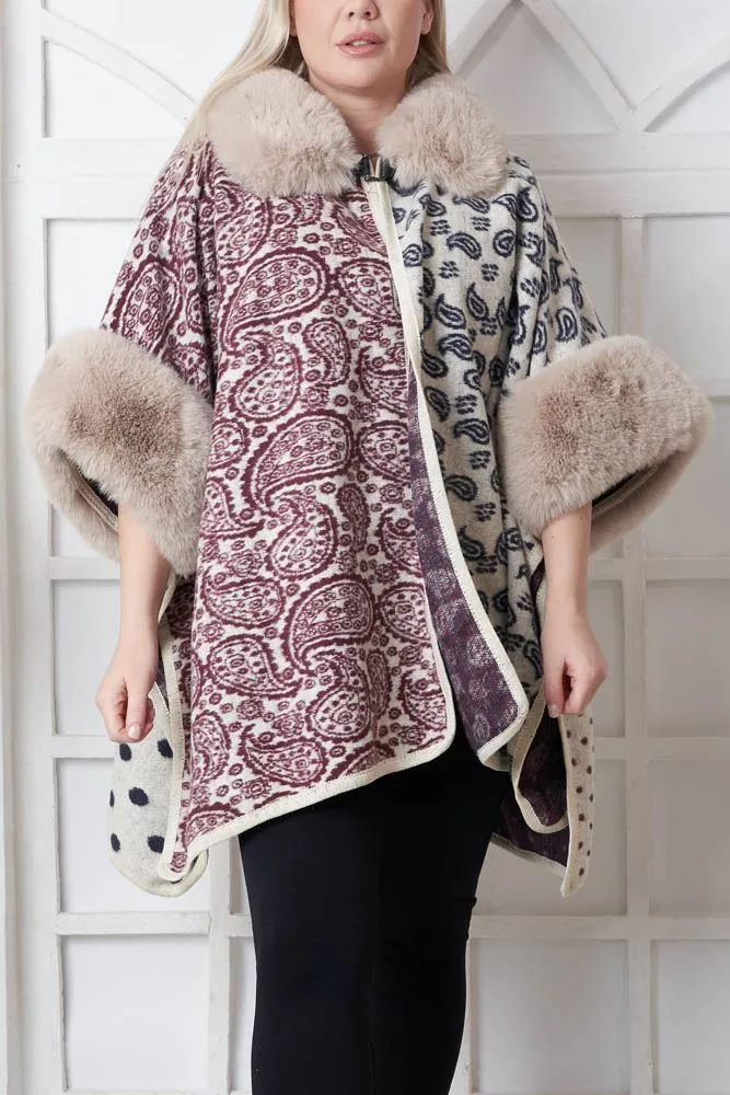 Paisley Print Trim Faux Fur Poncho