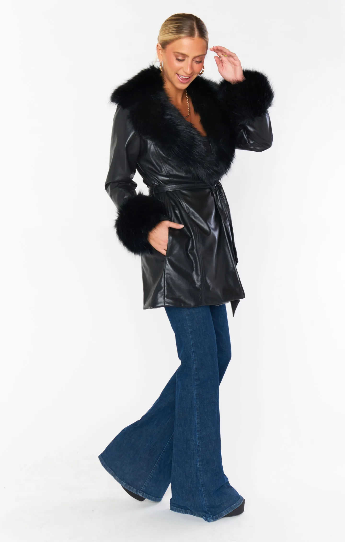 Penny Lane Coat ~ Black Faux Leather with Faux Fur