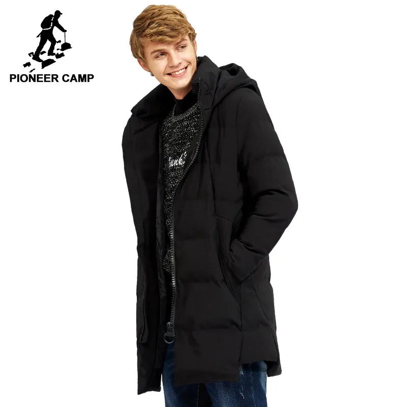 Pioneer Camp new long thick winter coat men brand clothing black solid warm hooded jacket male quality parkas jacket AMF705287