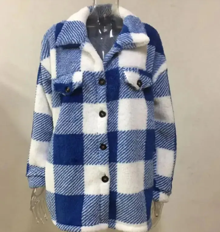 Plush Plaid Women's Autumn And Winter Open Button Lapel Thermal Plaid Pattern Jacket