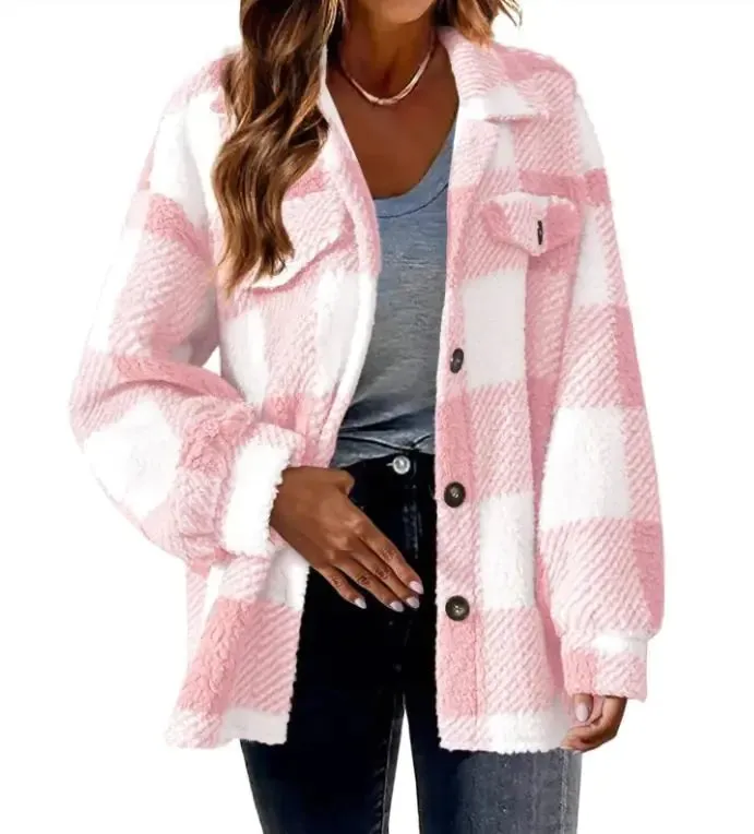 Plush Plaid Women's Autumn And Winter Open Button Lapel Thermal Plaid Pattern Jacket