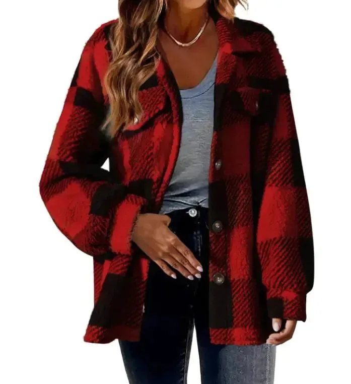 Plush Plaid Women's Autumn And Winter Open Button Lapel Thermal Plaid Pattern Jacket