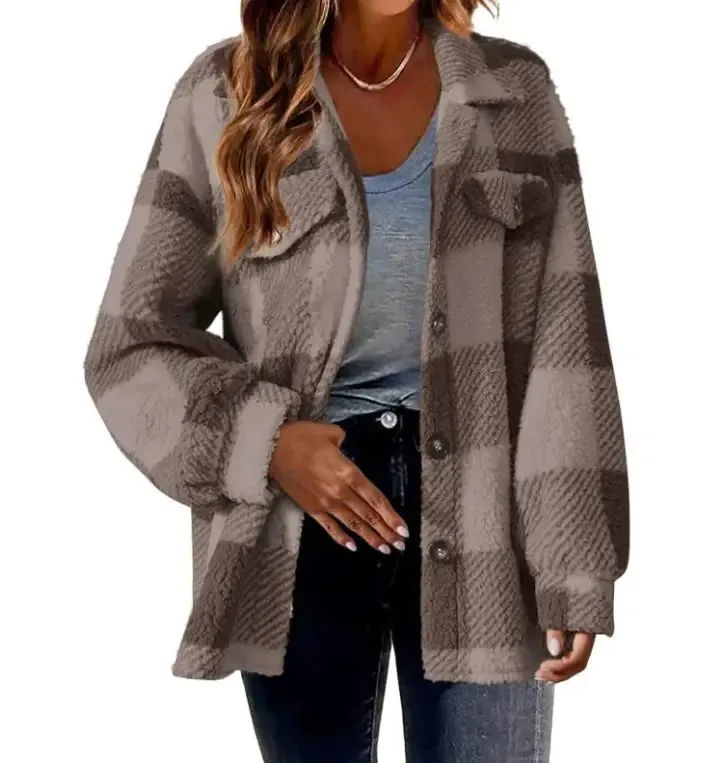 Plush Plaid Women's Autumn And Winter Open Button Lapel Thermal Plaid Pattern Jacket