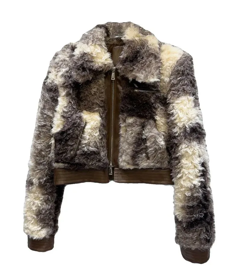 Pre Order:  Lamb Wool Cropped Zip-Up Coat