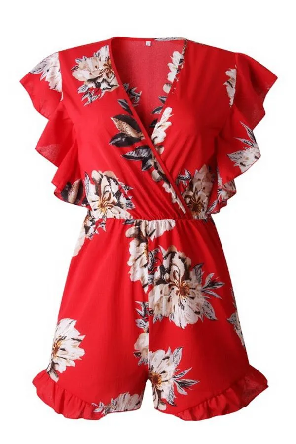 Printed V-collar Flounce Sleeve Jumpsuit