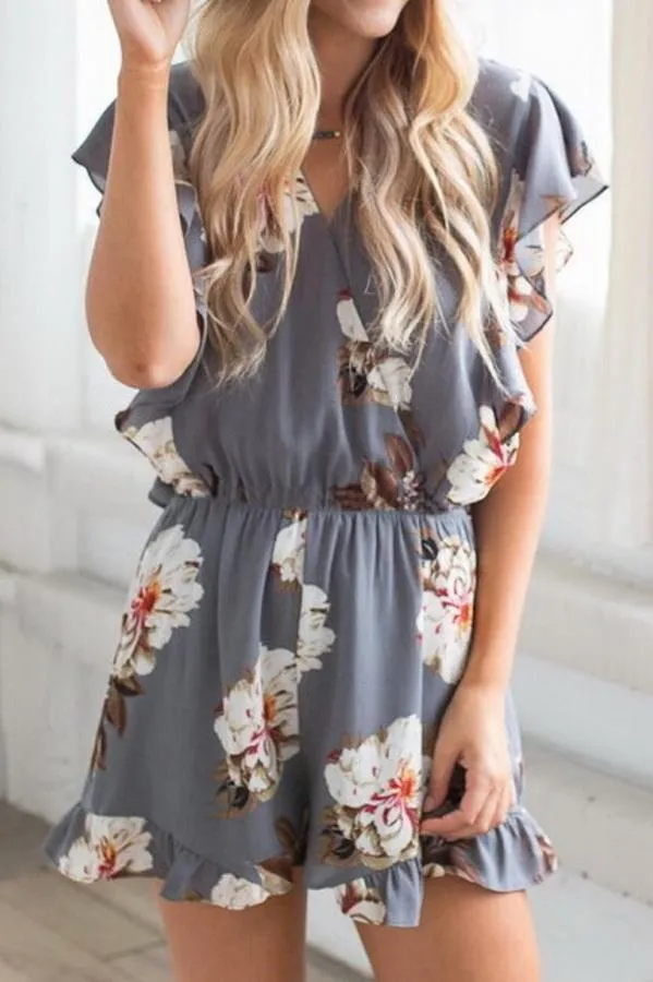 Printed V-collar Flounce Sleeve Jumpsuit