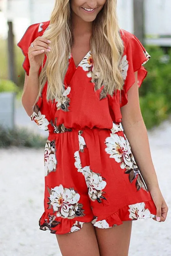 Printed V-collar Flounce Sleeve Jumpsuit