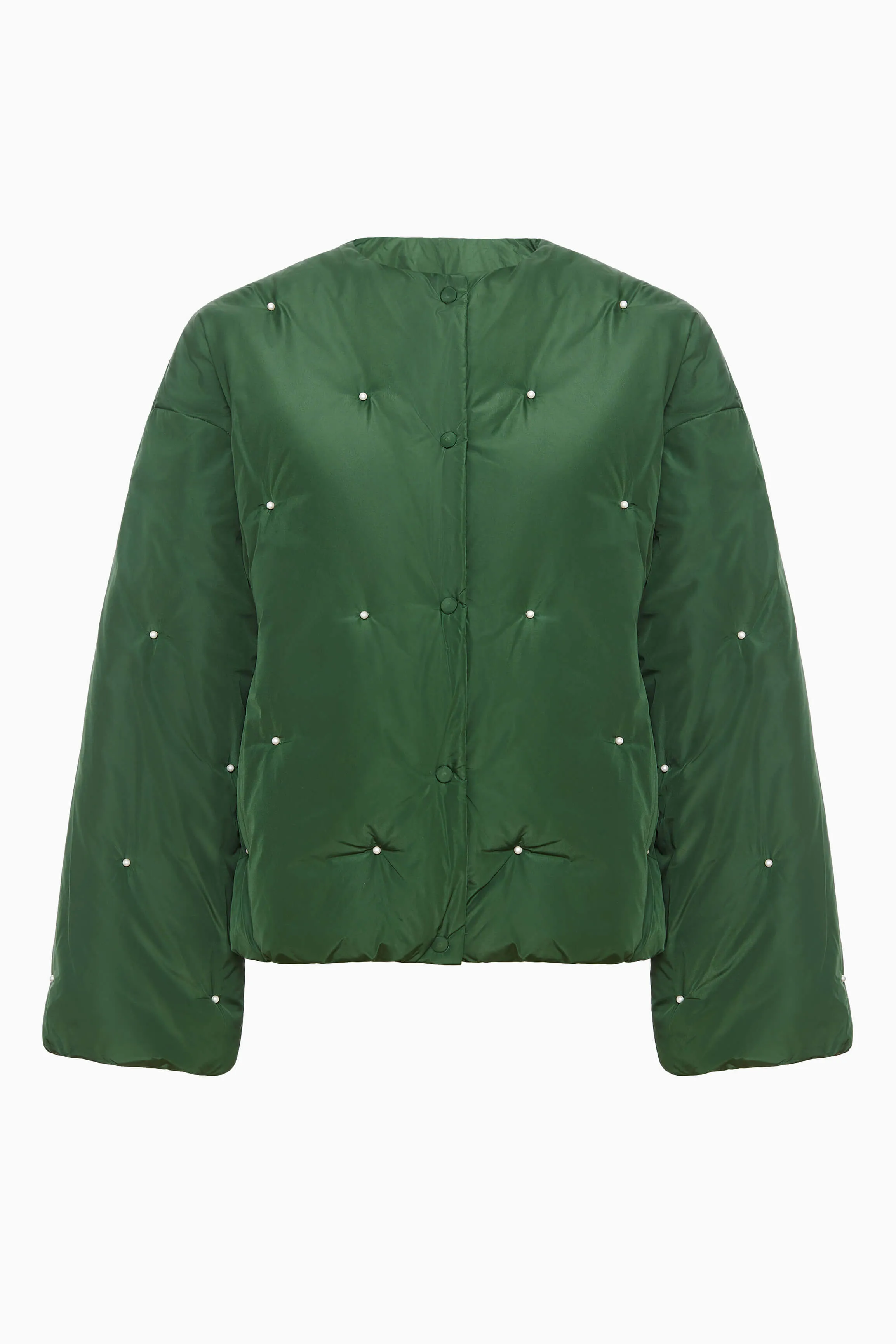 Puffer Jacket in Green with Pearl details