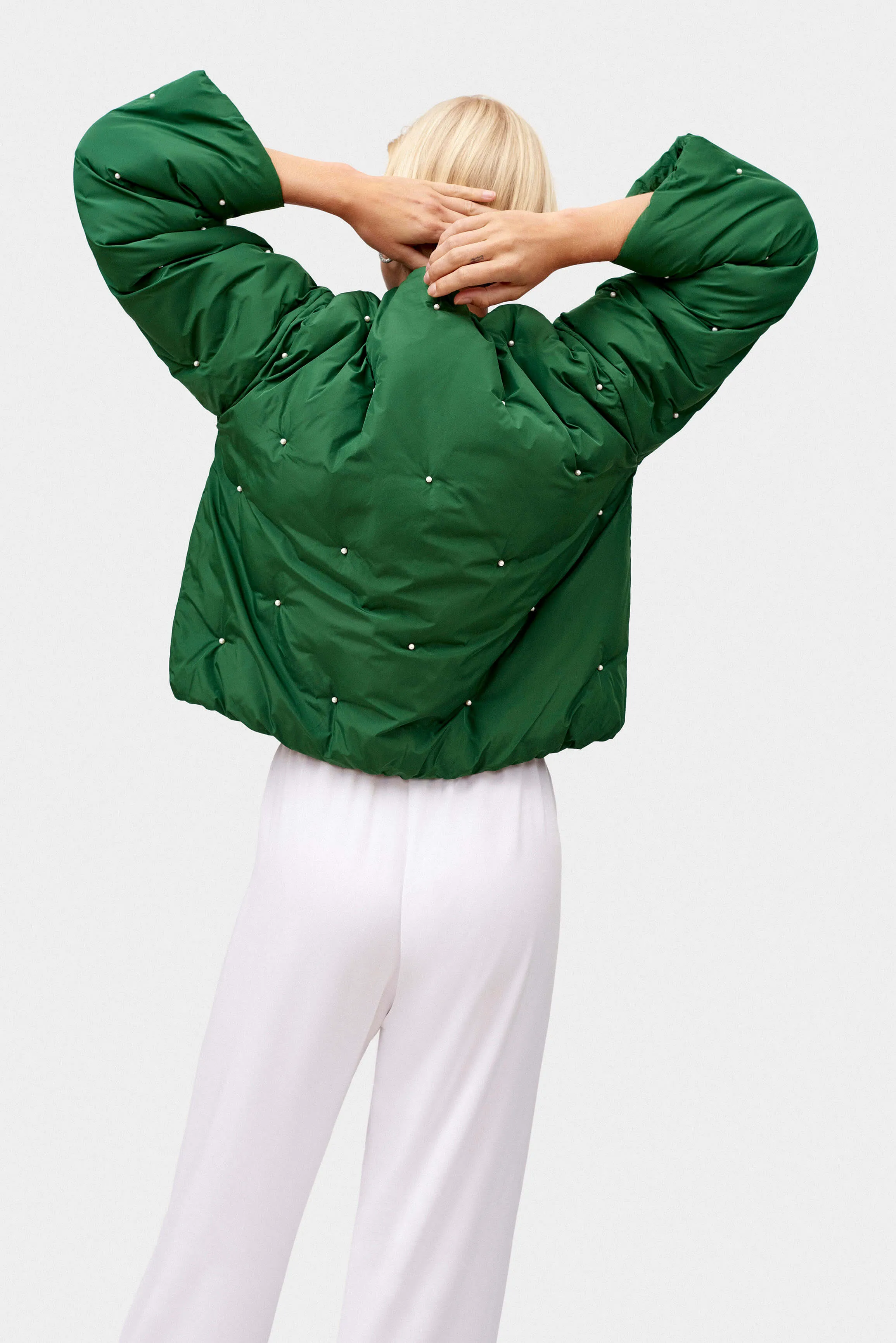 Puffer Jacket in Green with Pearl details