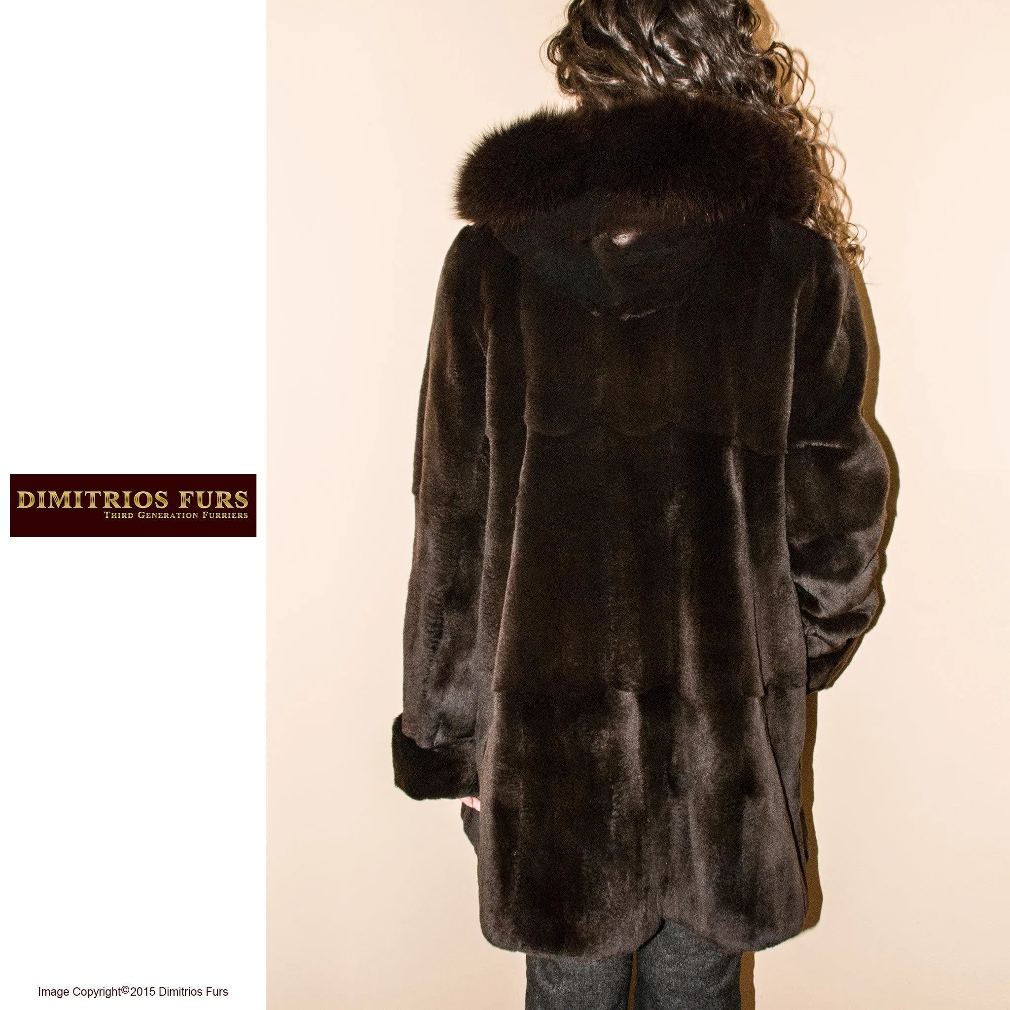 Reversible Fur Coat - Brown Sheared Mink with Fox Trimmed Hood