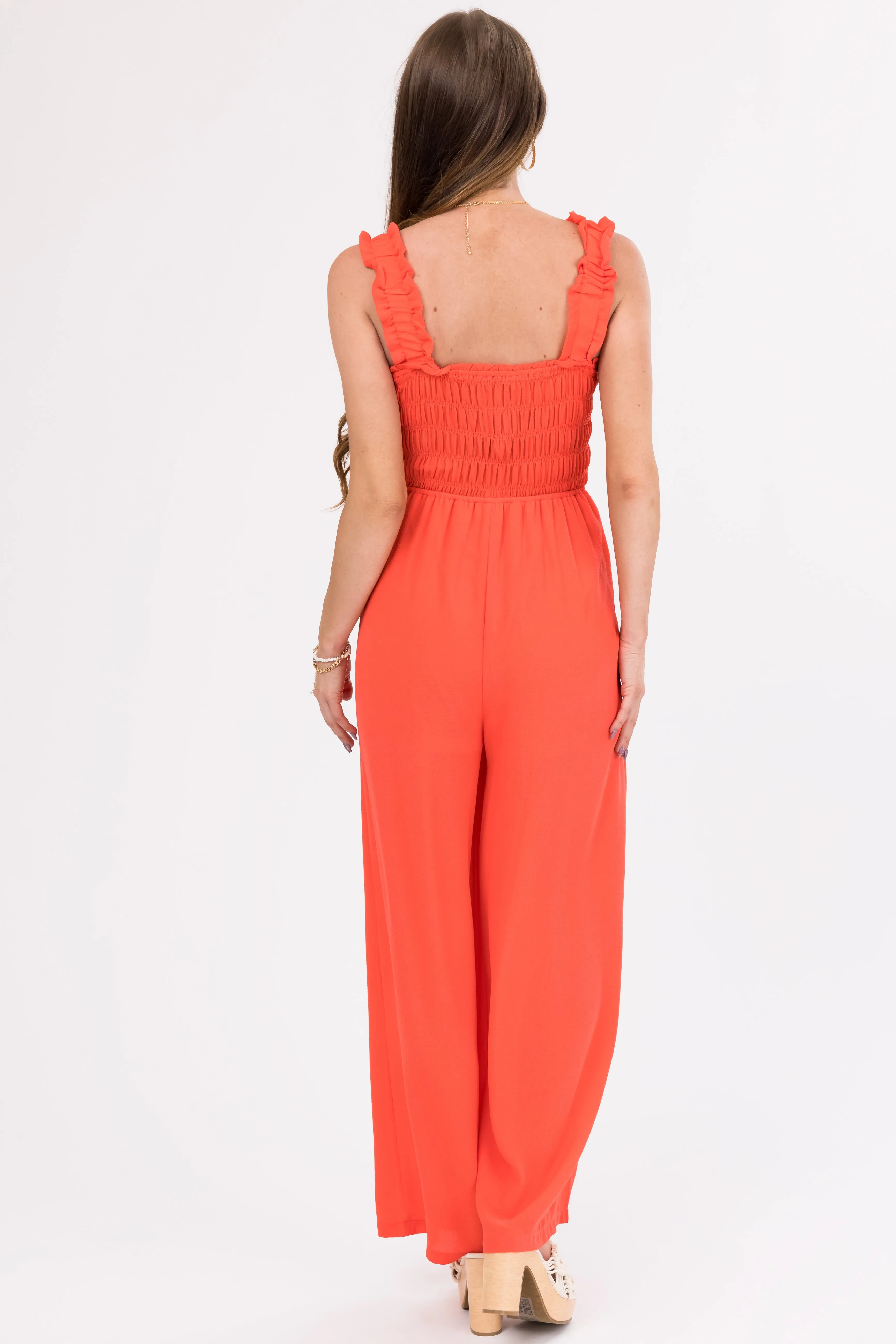 She Sky Crimson Smocked Jumpsuit with Ruffle Strap