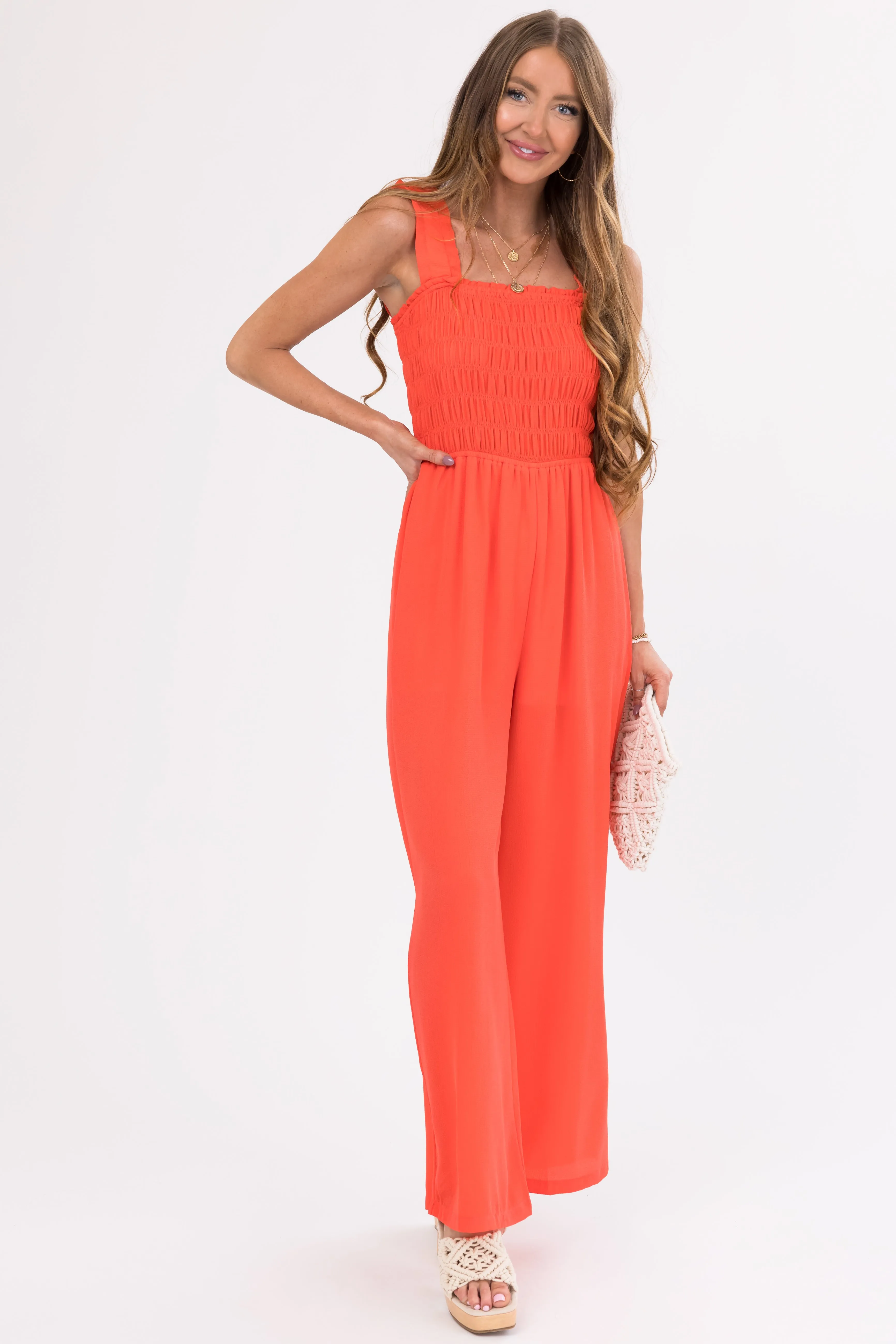 She Sky Crimson Smocked Jumpsuit with Ruffle Strap