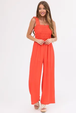 She Sky Crimson Smocked Jumpsuit with Ruffle Strap