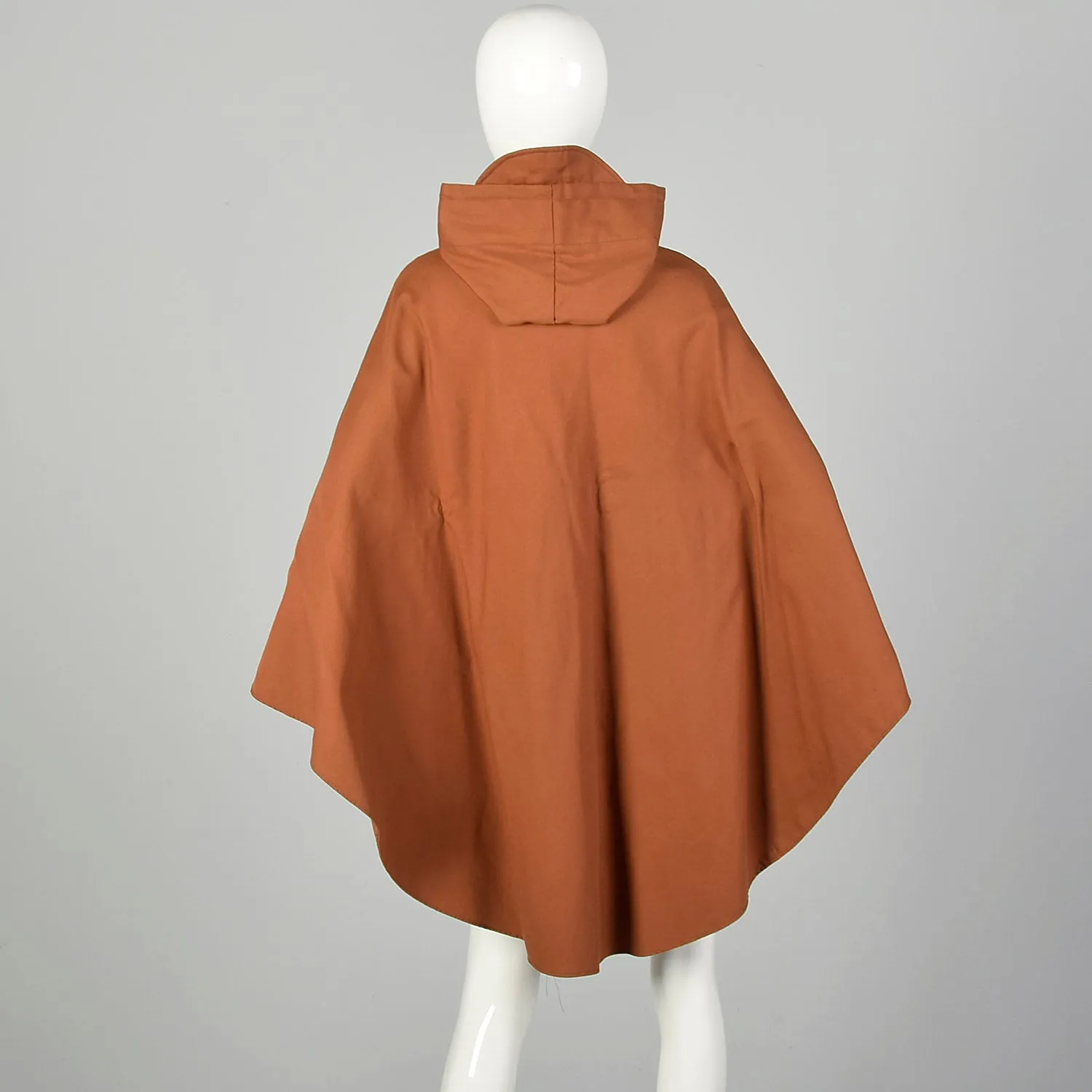 Small 1970s Brown Canvas Button Front Poncho Lightweight Unlined Hooded Cape