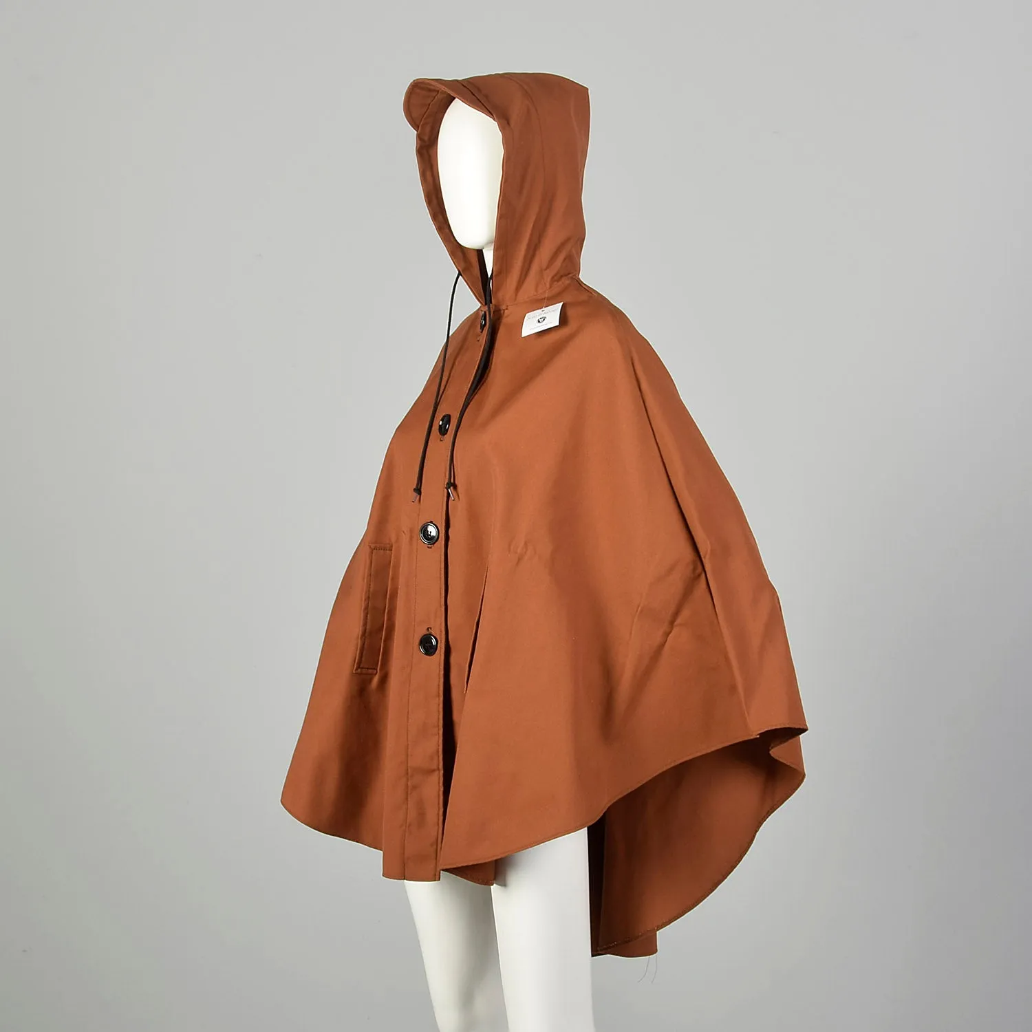 Small 1970s Brown Canvas Button Front Poncho Lightweight Unlined Hooded Cape