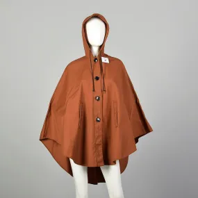 Small 1970s Brown Canvas Button Front Poncho Lightweight Unlined Hooded Cape