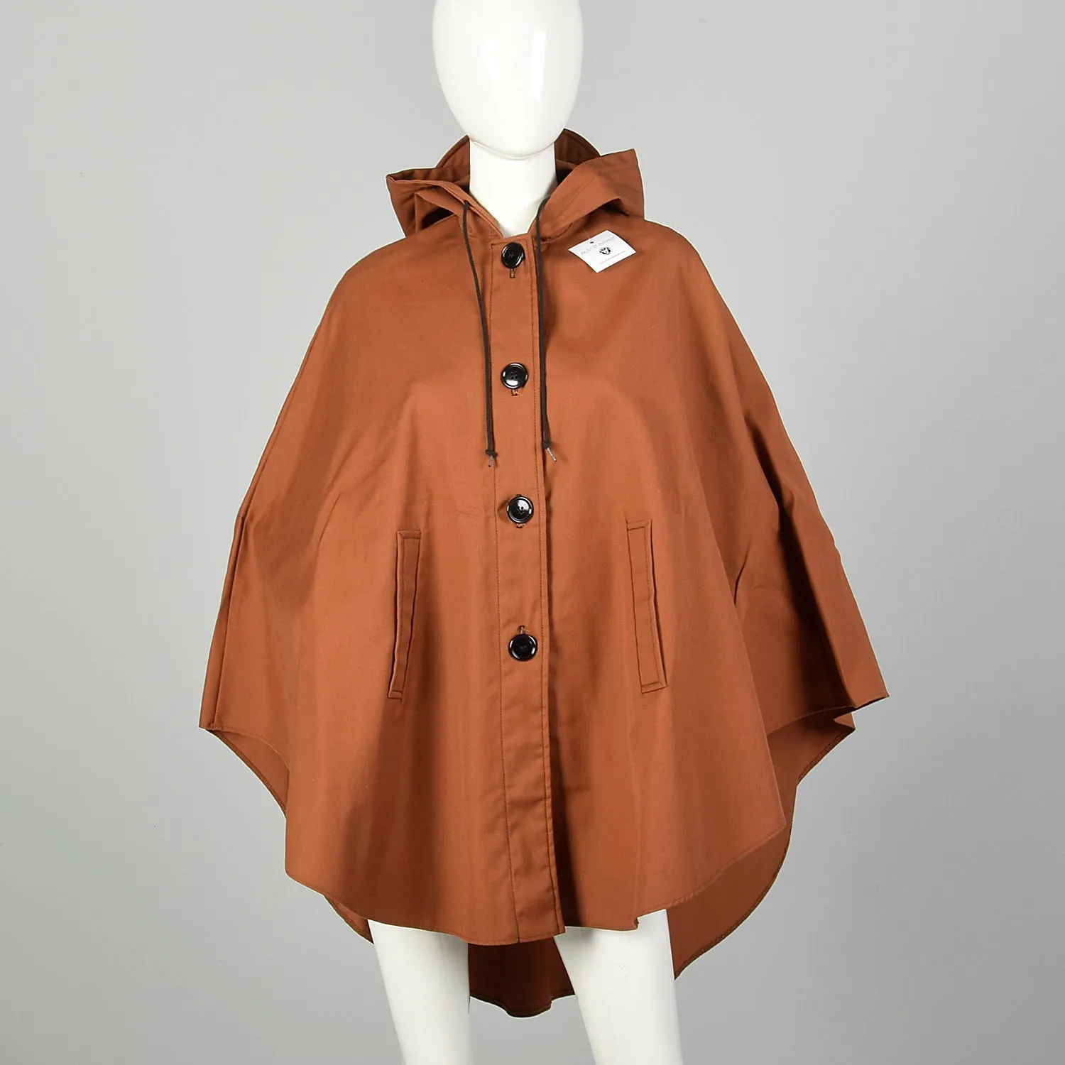 Small 1970s Brown Canvas Button Front Poncho Lightweight Unlined Hooded Cape