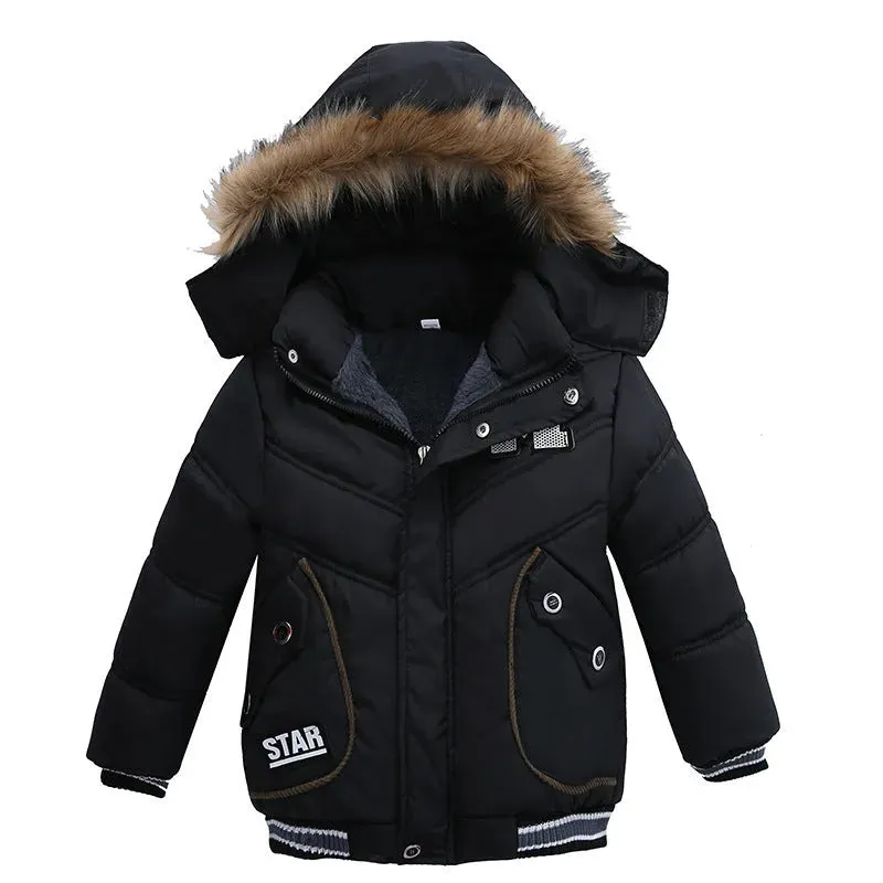 Small Medium-Sized Boys Cotton-Padded Fur Hoodie Winter Jackets for kids