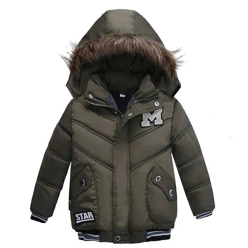 Small Medium-Sized Boys Cotton-Padded Fur Hoodie Winter Jackets for kids