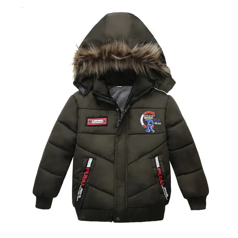 Small Medium-Sized Boys Cotton-Padded Fur Hoodie Winter Jackets for kids