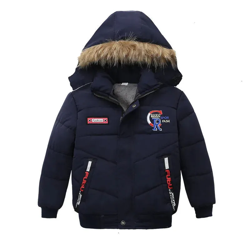 Small Medium-Sized Boys Cotton-Padded Fur Hoodie Winter Jackets for kids