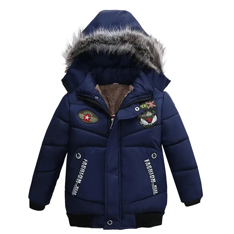 Small Medium-Sized Boys Cotton-Padded Fur Hoodie Winter Jackets for kids