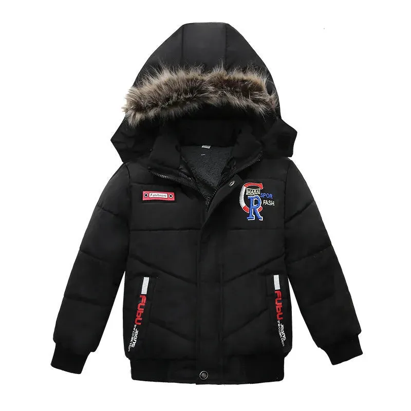 Small Medium-Sized Boys Cotton-Padded Fur Hoodie Winter Jackets for kids