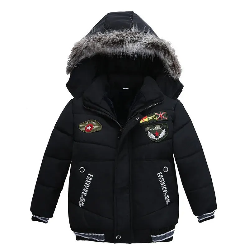 Small Medium-Sized Boys Cotton-Padded Fur Hoodie Winter Jackets for kids