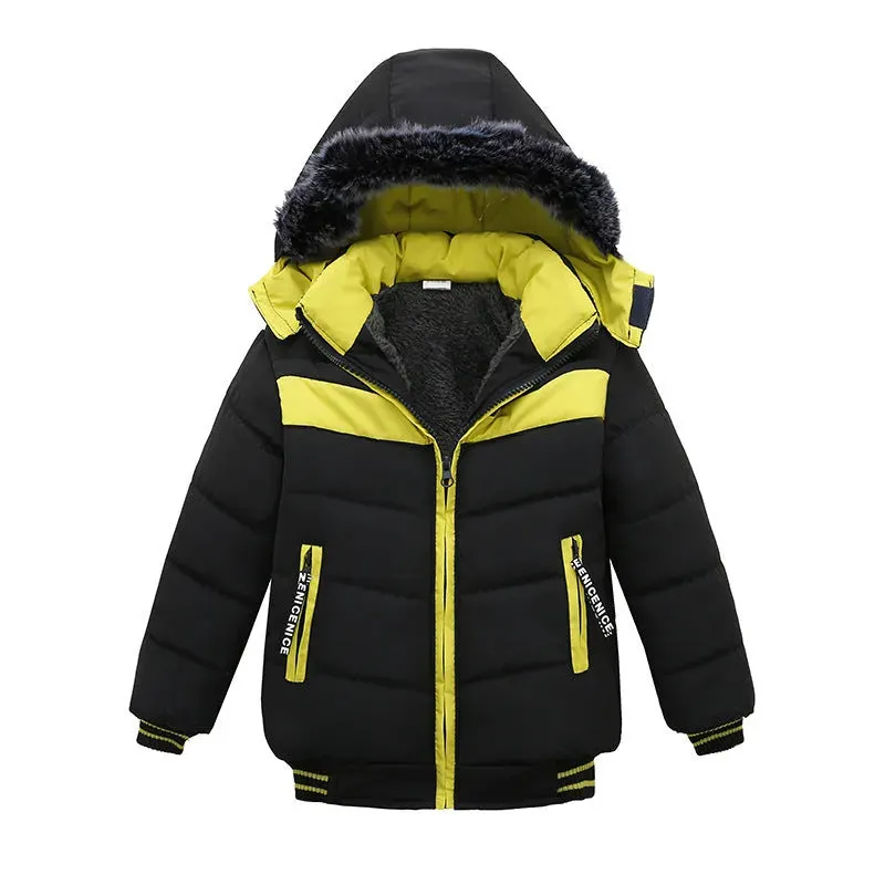 Small Medium-Sized Boys Cotton-Padded Fur Hoodie Winter Jackets for kids