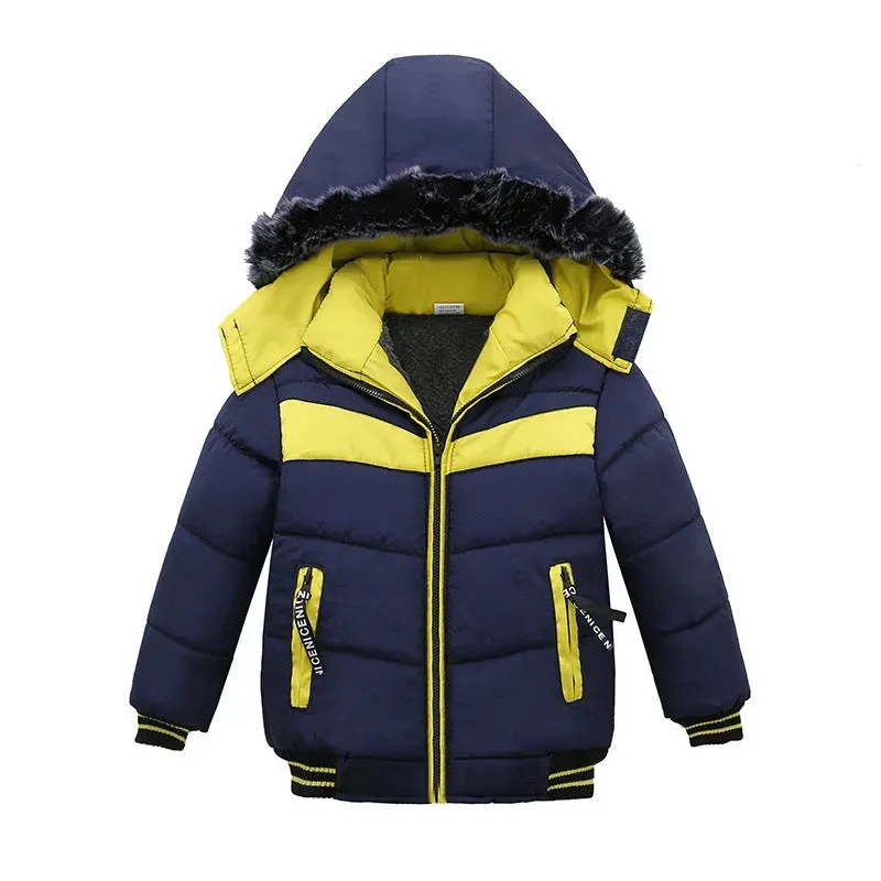 Small Medium-Sized Boys Cotton-Padded Fur Hoodie Winter Jackets for kids