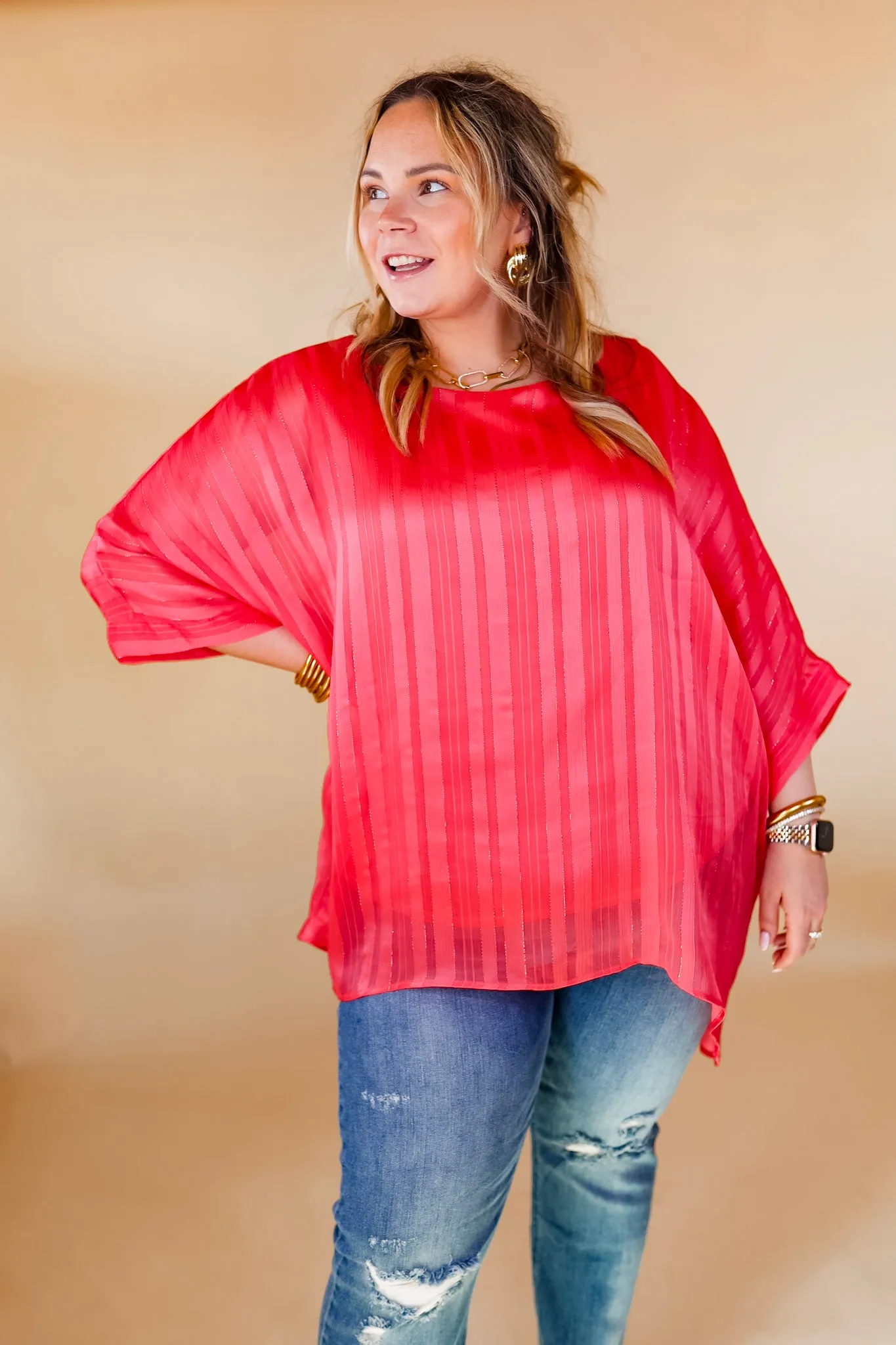 Sunset Horizon Striped Poncho Top with Metallic Detail in Coral Pink