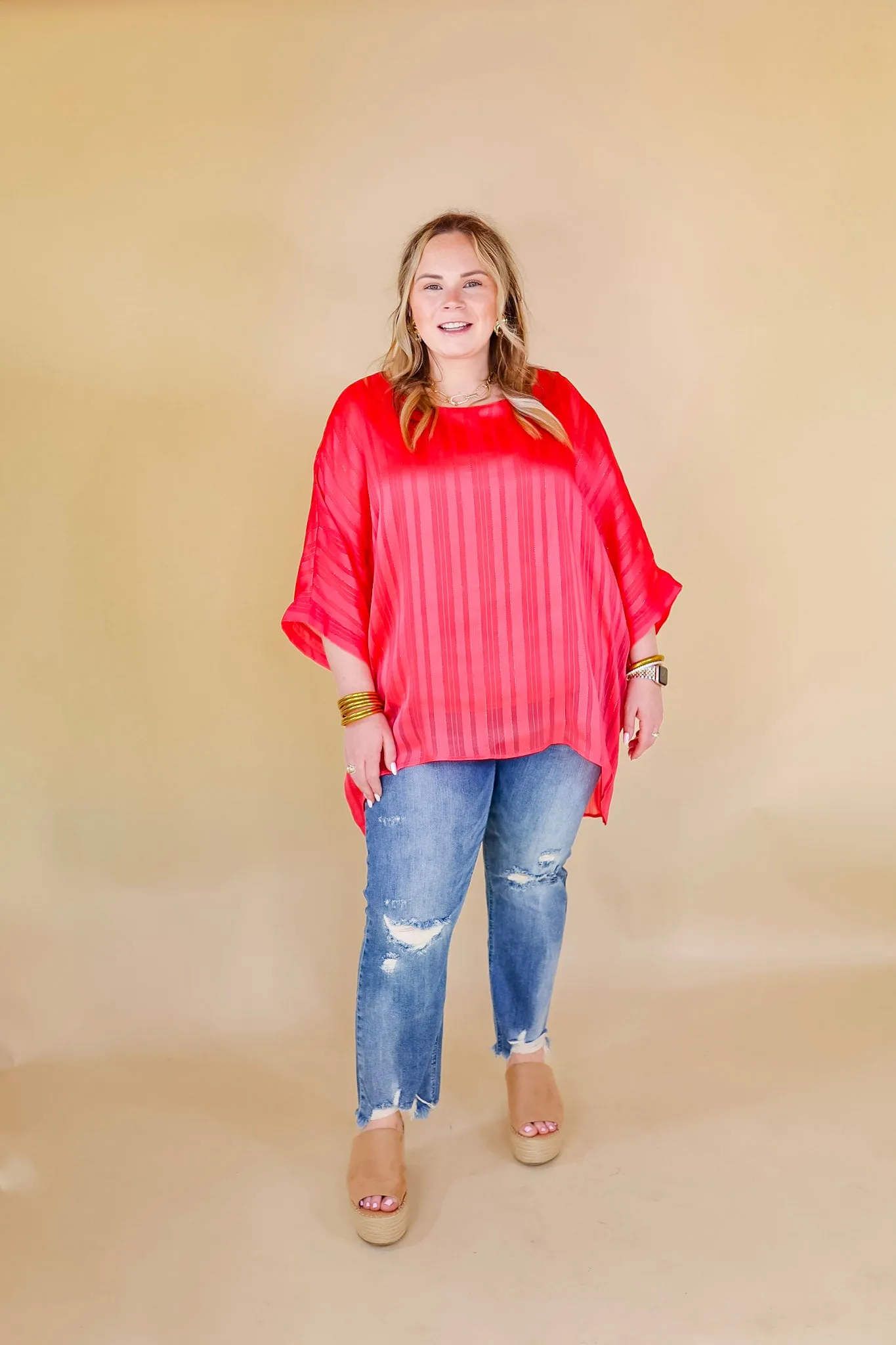 Sunset Horizon Striped Poncho Top with Metallic Detail in Coral Pink