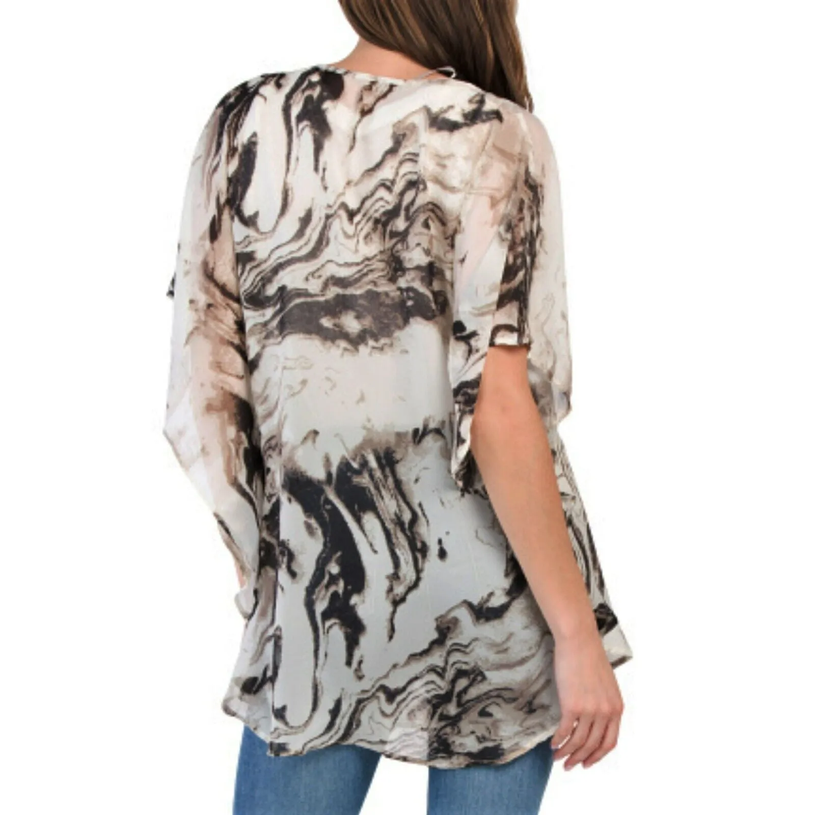 TAHARI Semi Sheer Marble Print Tunic Topper Poncho Cover-Up