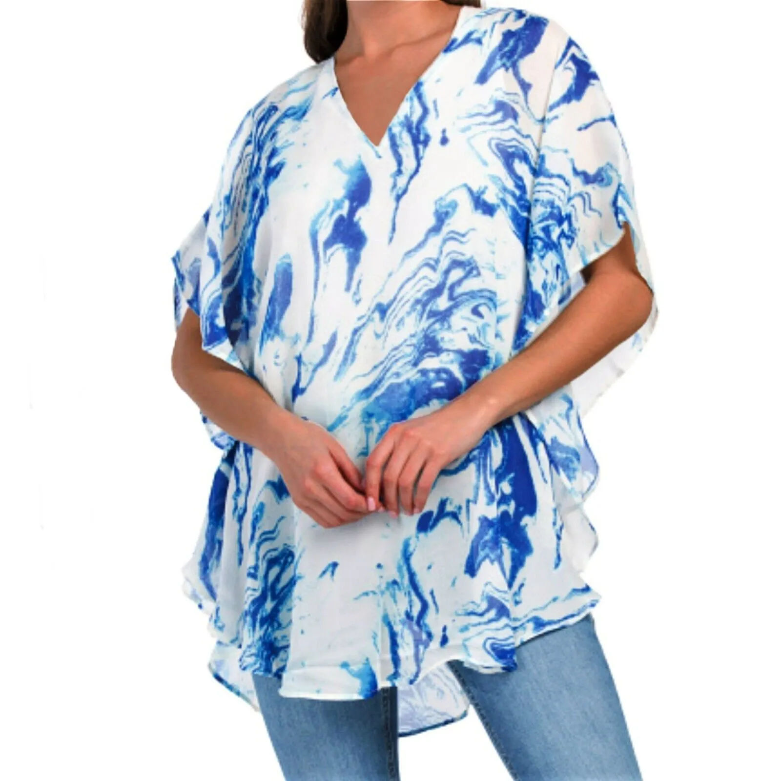 TAHARI Semi Sheer Marble Print Tunic Topper Poncho Cover-Up