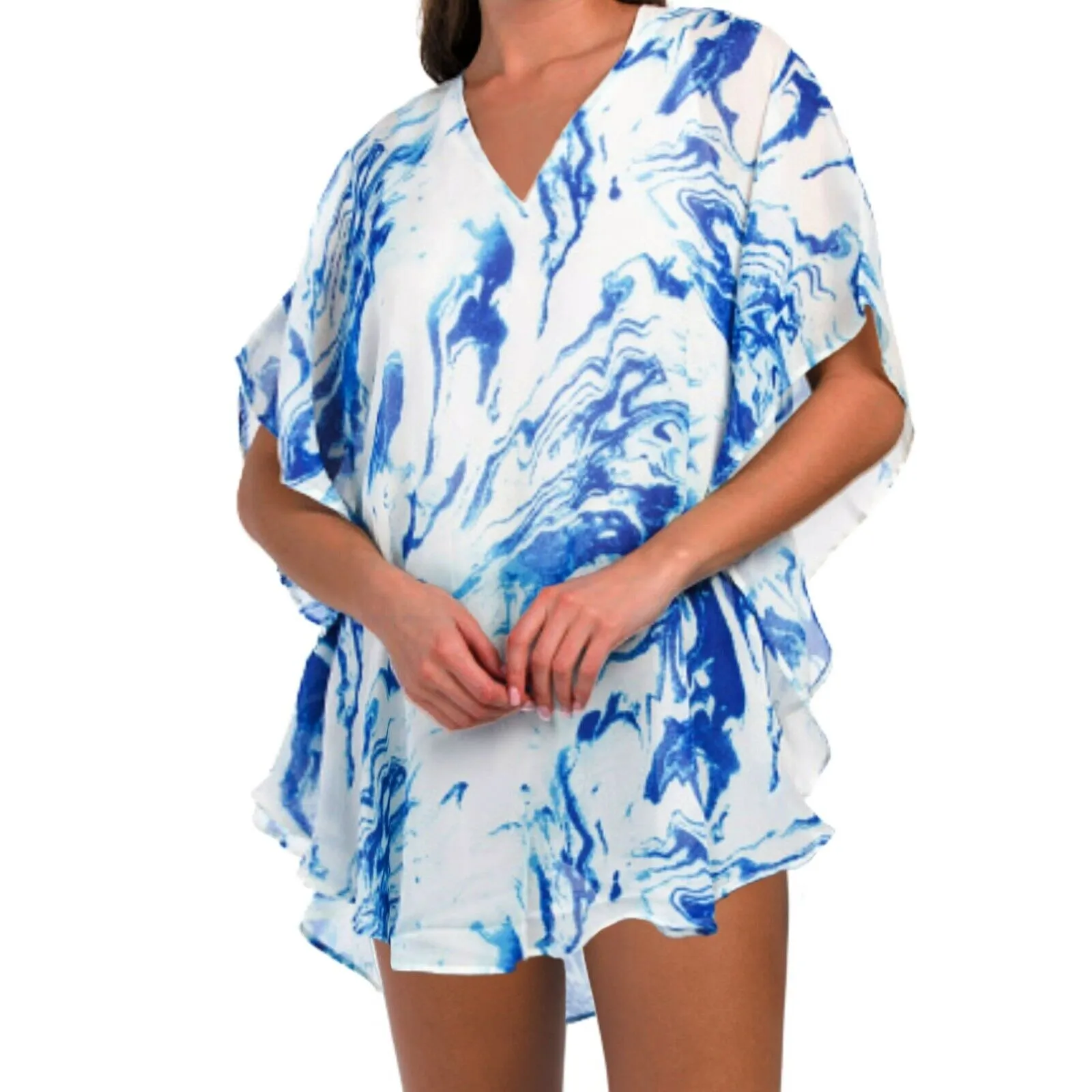 TAHARI Semi Sheer Marble Print Tunic Topper Poncho Cover-Up