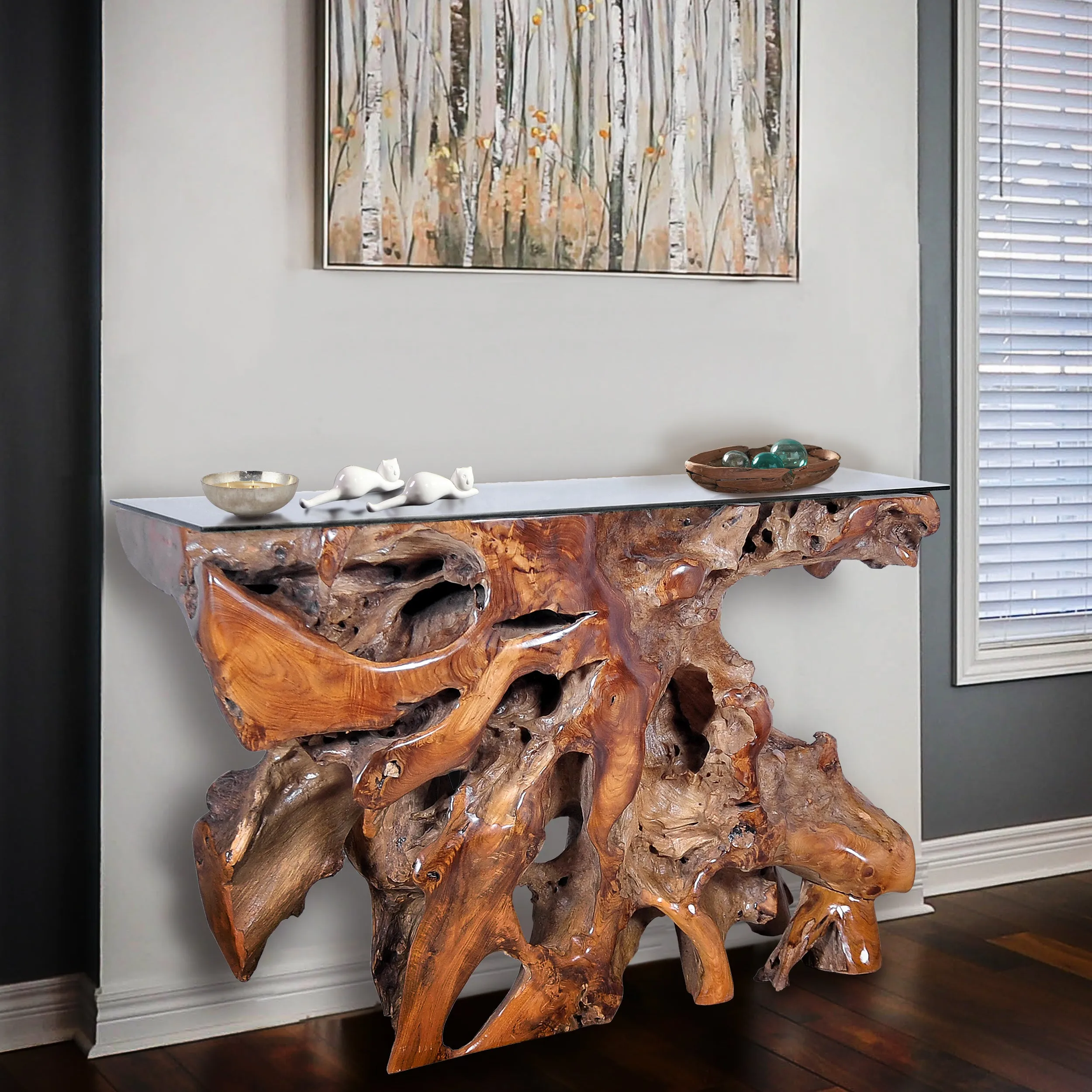 Teak Wood Root Console Table with Glass Top, 48 inches