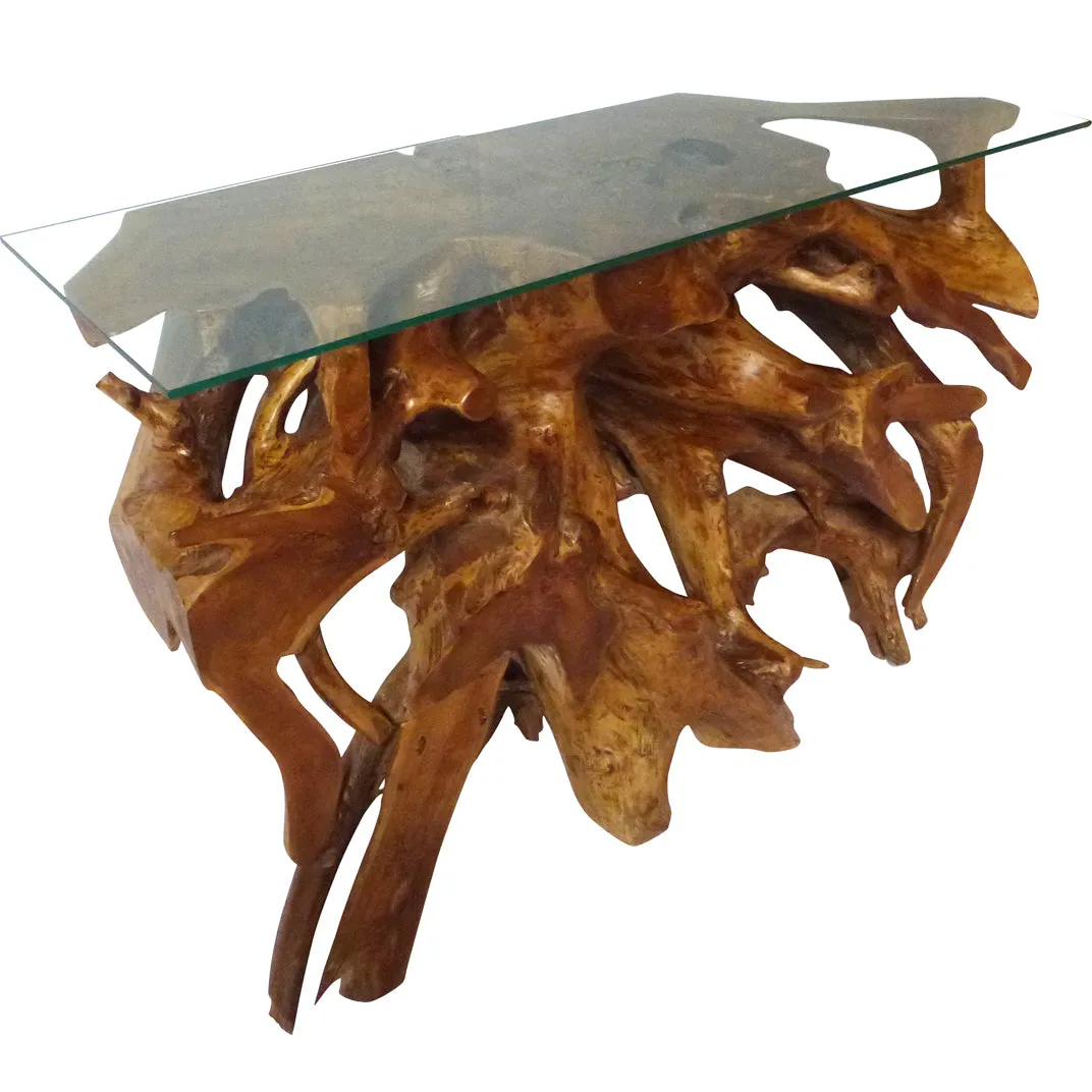 Teak Wood Root Console Table with Glass Top, 48 inches